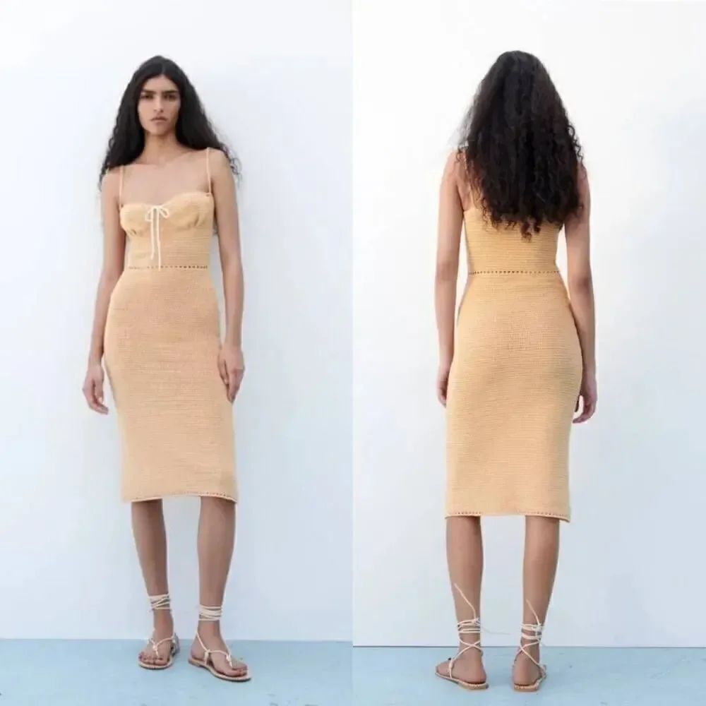 Zara Crochet Knit Bustier Pastel Orange Midi Dress L NWT